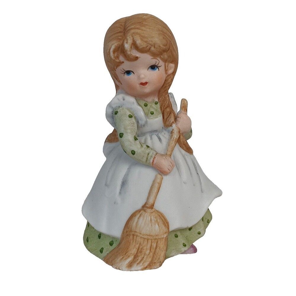 Lefton Vintage Little Girl Figurines Days of the Week Sweeping Holding Broom